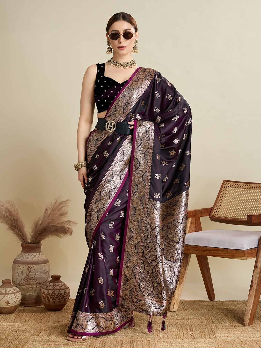 Dwija Fashion Deep Maroon Wedding Wear Satin Jari Motifs All Over Pallu And Saree With Unstitched Blouse
