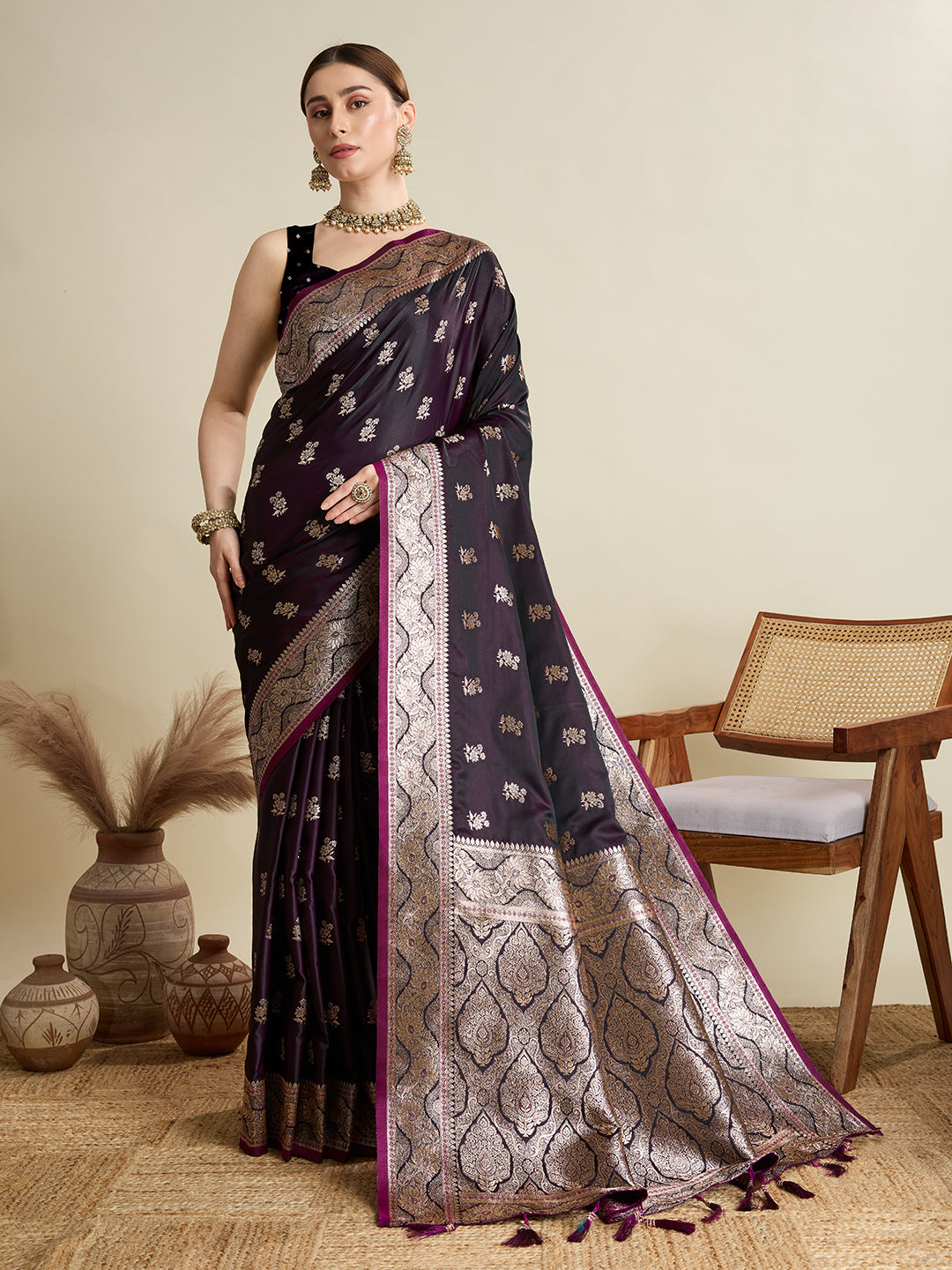 Dwija Fashion Deep Maroon Wedding Wear Satin Jari Motifs All Over Pallu And Saree With Unstitched Blouse