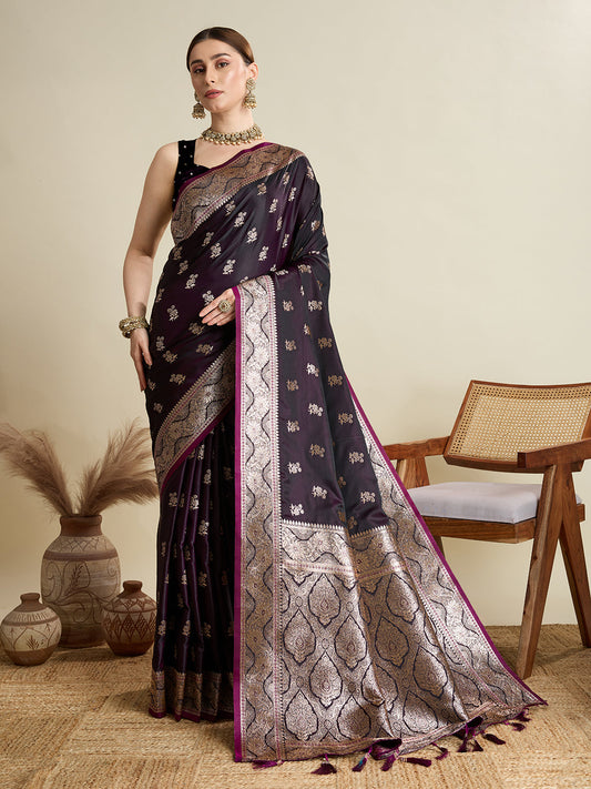 Dwija Fashion Deep Maroon Wedding Wear Satin Jari Motifs All Over Pallu And Saree With Unstitched Blouse