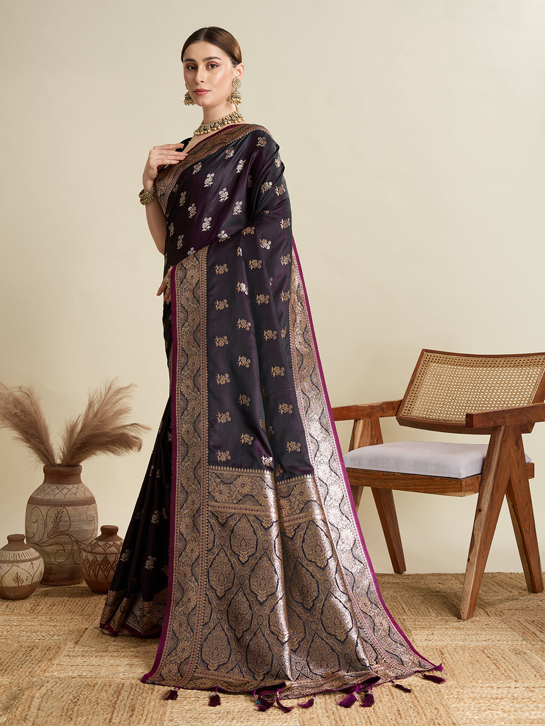 Dwija Fashion Deep Maroon Wedding Wear Satin Jari Motifs All Over Pallu And Saree With Unstitched Blouse