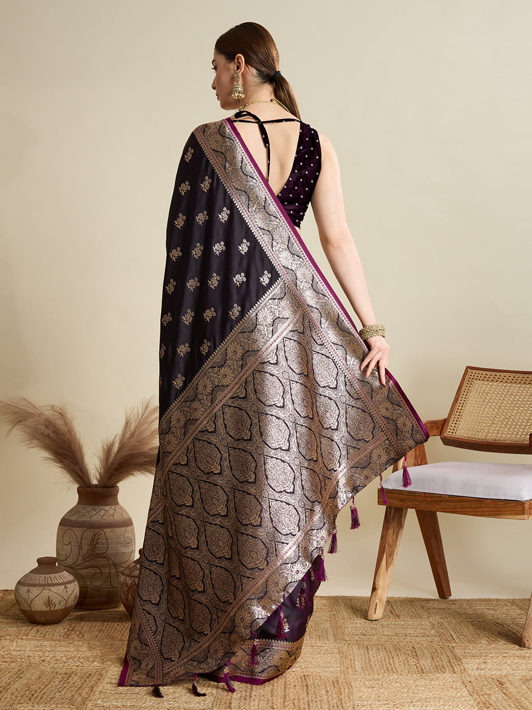Dwija Fashion Deep Maroon Wedding Wear Satin Jari Motifs All Over Pallu And Saree With Unstitched Blouse