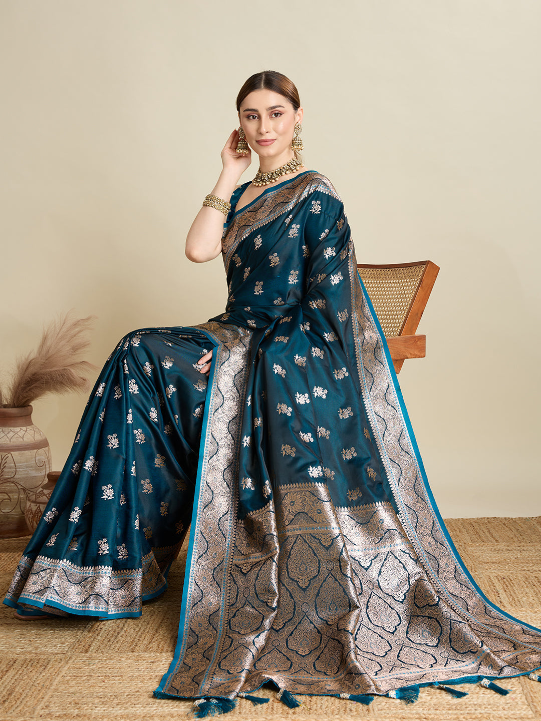 Dwija Fashion Peocock Blue Wedding Wear Satin Jari Motifs All Over Pallu And Saree With Unstitched Blouse