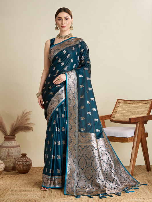 Dwija Fashion Peocock Blue Wedding Wear Satin Jari Motifs All Over Pallu And Saree With Unstitched Blouse