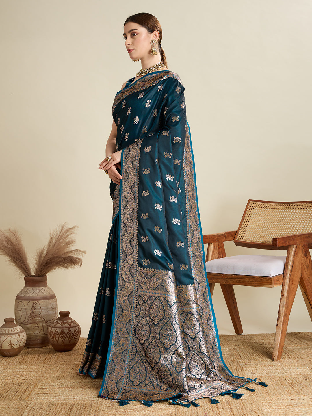 Dwija Fashion Peocock Blue Wedding Wear Satin Jari Motifs All Over Pallu And Saree With Unstitched Blouse