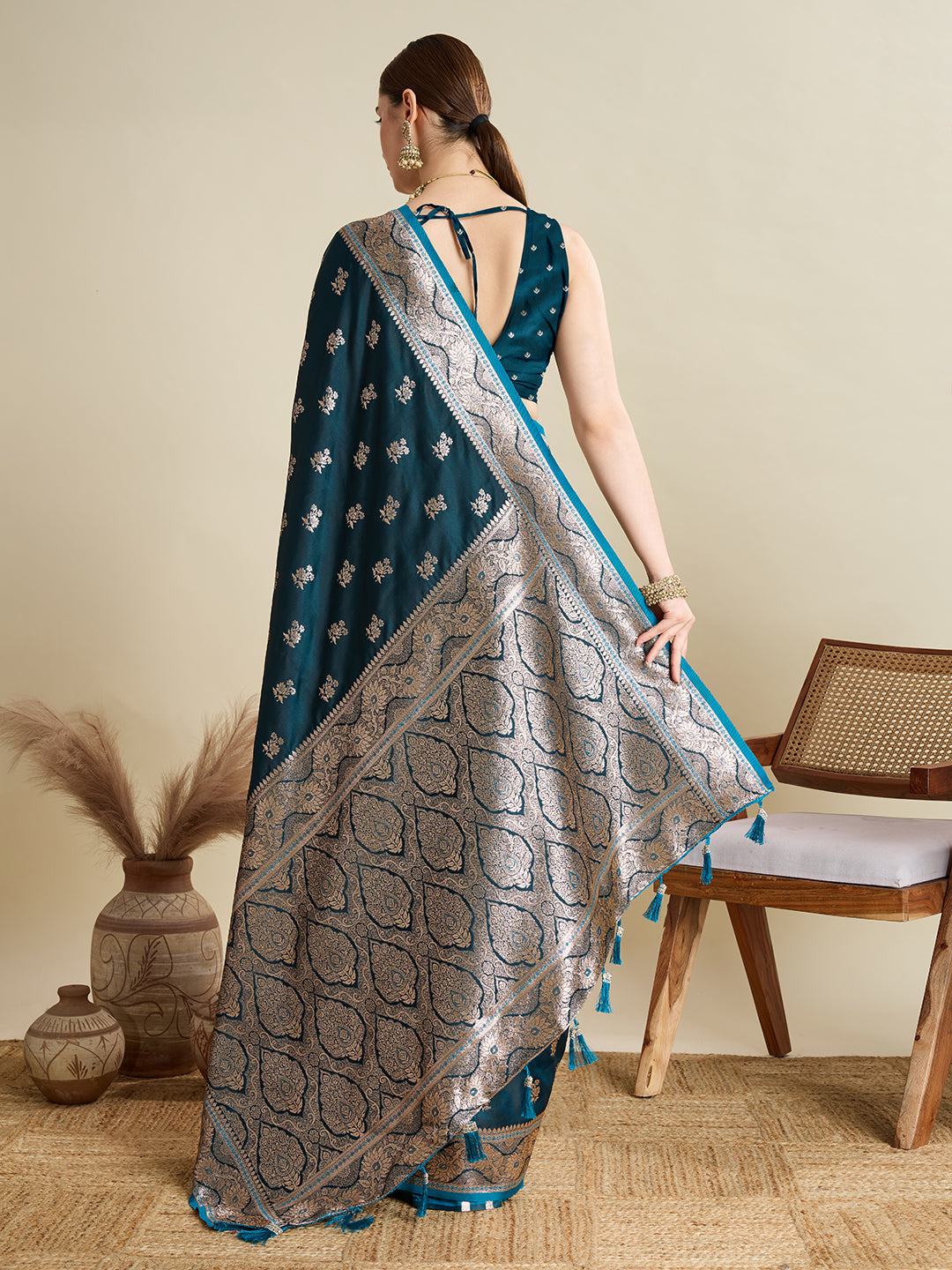Dwija Fashion Peocock Blue Wedding Wear Satin Jari Motifs All Over Pallu And Saree With Unstitched Blouse