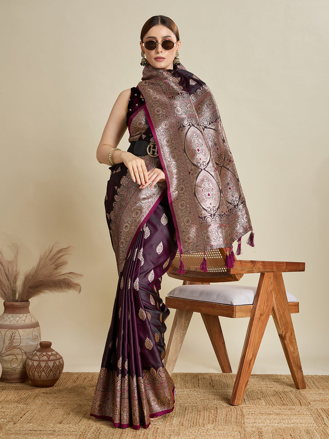 Dwija Fashion Deep Maroon Wedding Wear Satin Jari Motifs All Over Pallu And Saree With Unstitched Blouse