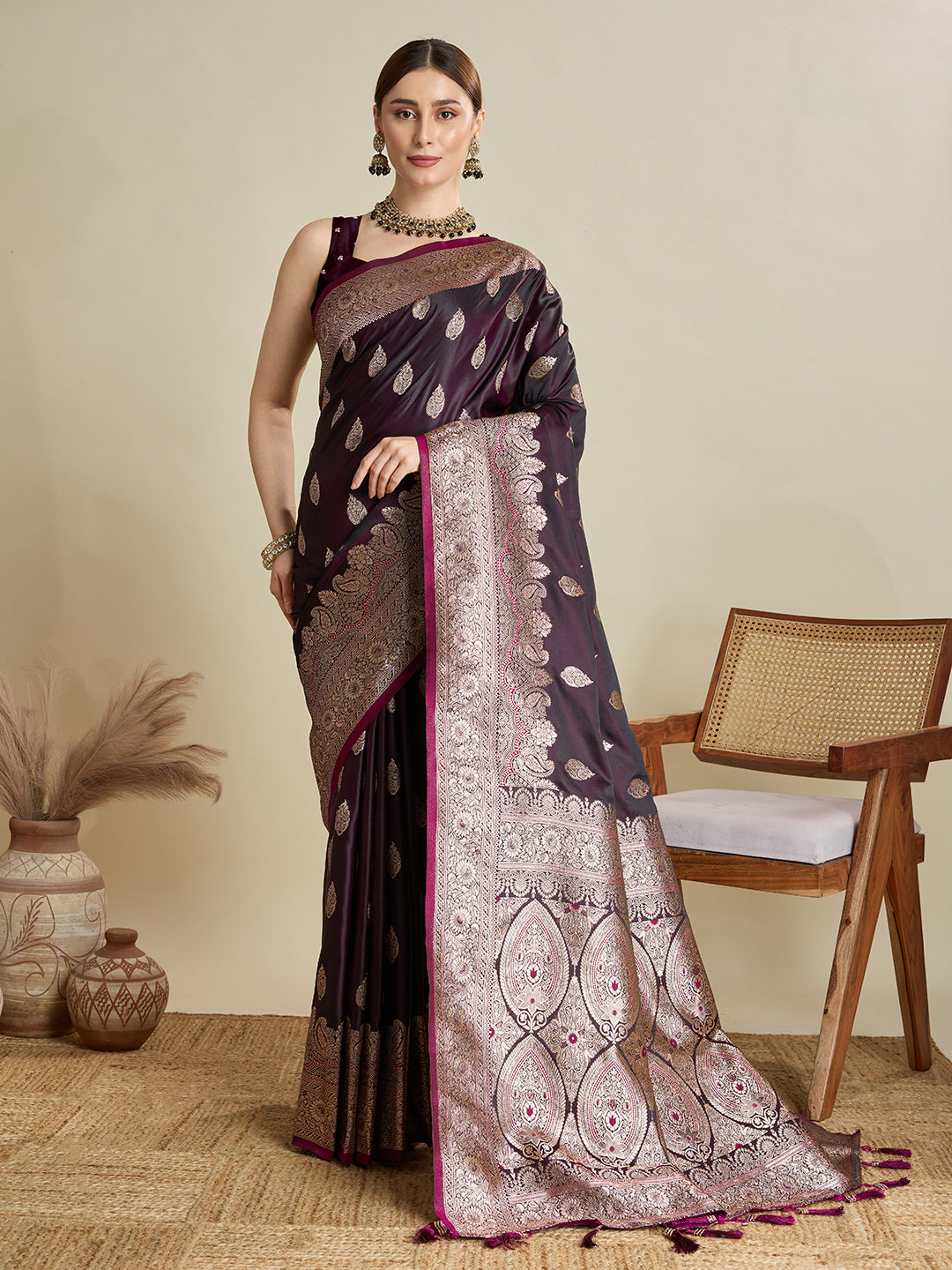 Dwija Fashion Deep Maroon Wedding Wear Satin Jari Motifs All Over Pallu And Saree With Unstitched Blouse
