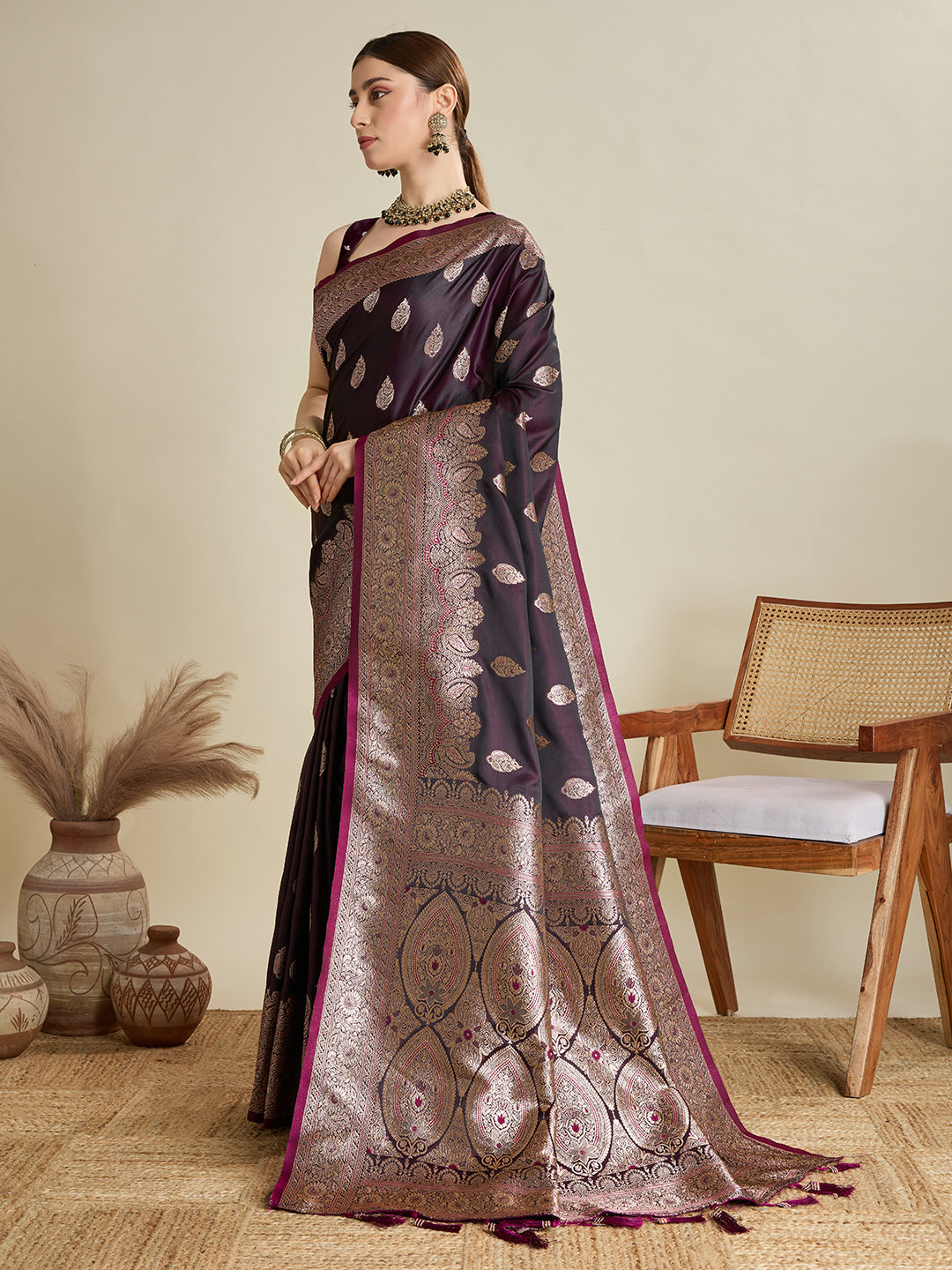 Dwija Fashion Deep Maroon Wedding Wear Satin Jari Motifs All Over Pallu And Saree With Unstitched Blouse