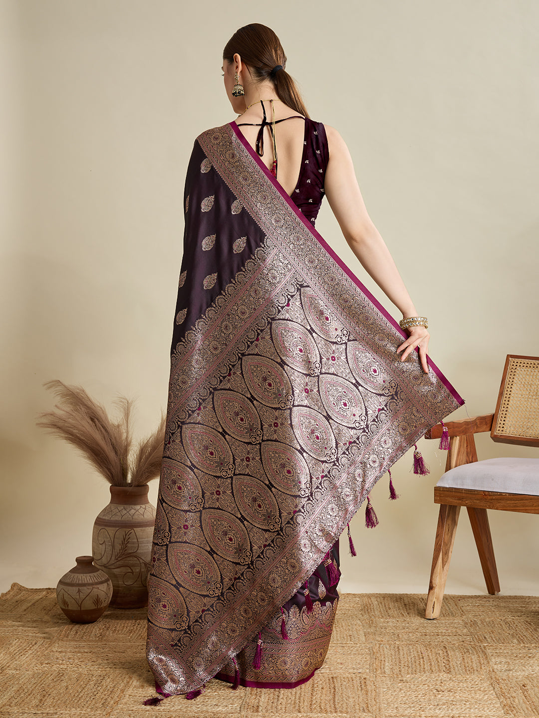Dwija Fashion Deep Maroon Wedding Wear Satin Jari Motifs All Over Pallu And Saree With Unstitched Blouse