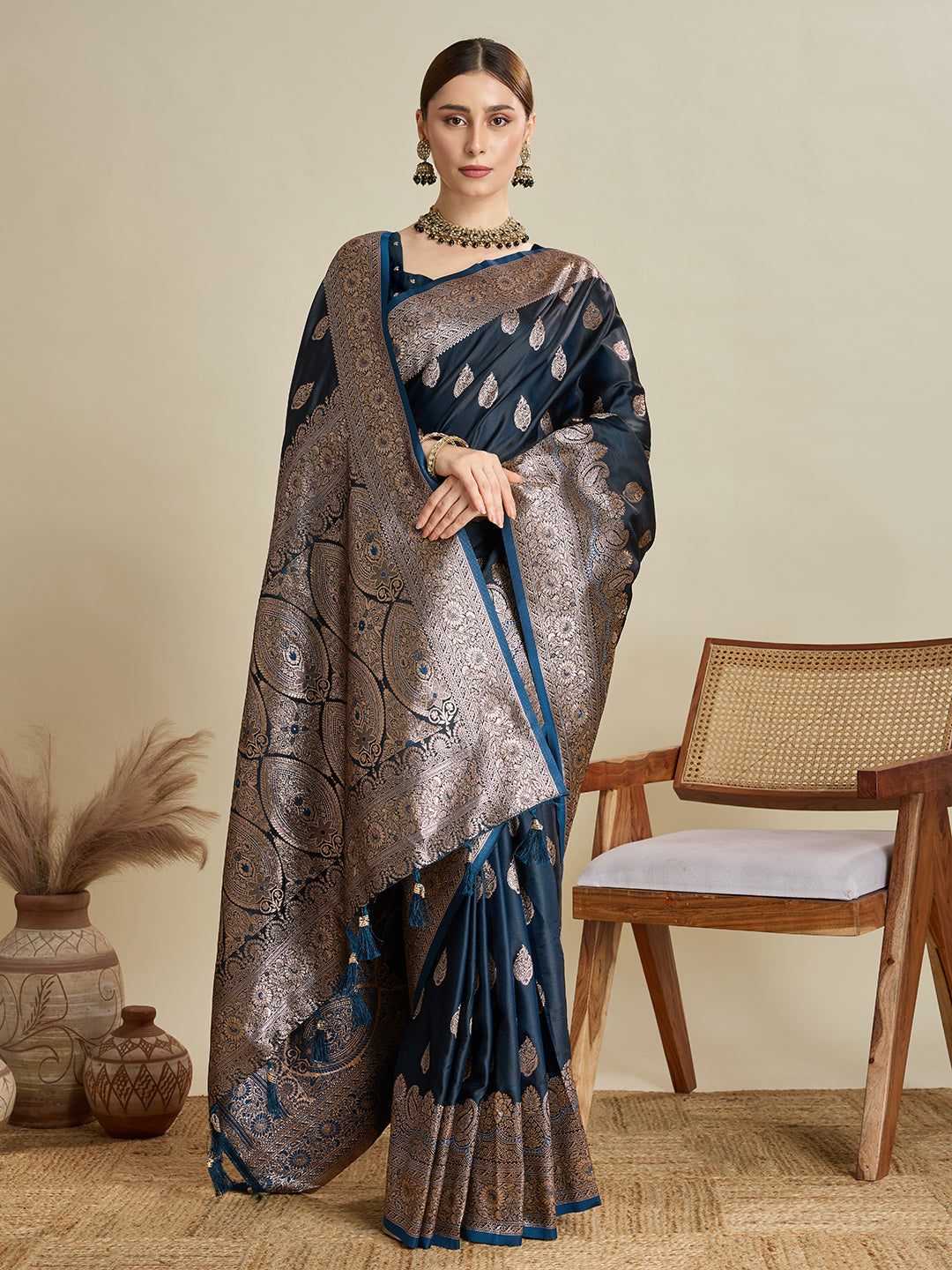 Dwija Fashion Deep Teal Blue Wedding Wear Satin Jari Motifs All Over Pallu And Saree With Unstitched Blouse
