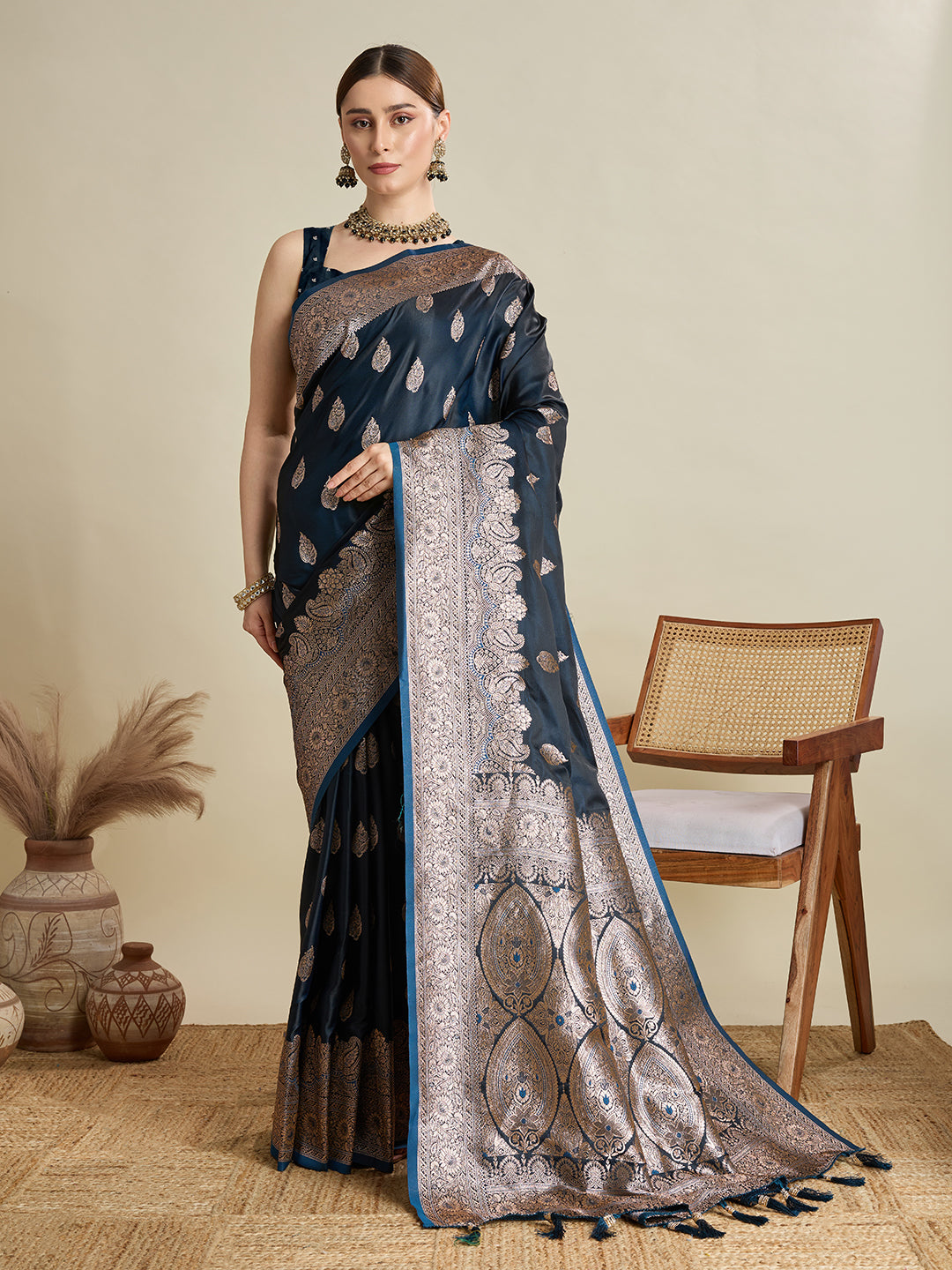 Dwija Fashion Deep Teal Blue Wedding Wear Satin Jari Motifs All Over Pallu And Saree With Unstitched Blouse