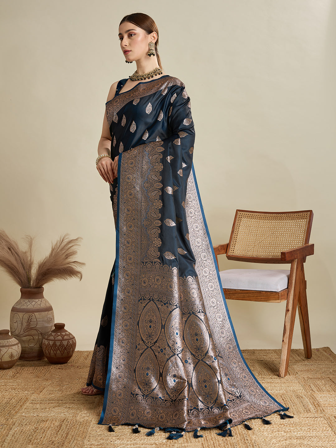 Dwija Fashion Deep Teal Blue Wedding Wear Satin Jari Motifs All Over Pallu And Saree With Unstitched Blouse