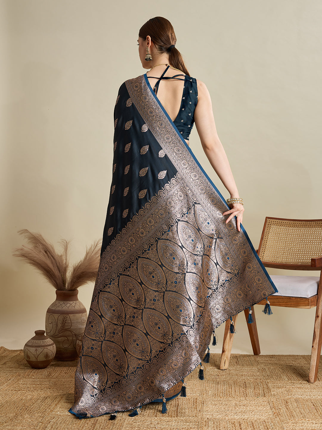 Dwija Fashion Deep Teal Blue Wedding Wear Satin Jari Motifs All Over Pallu And Saree With Unstitched Blouse