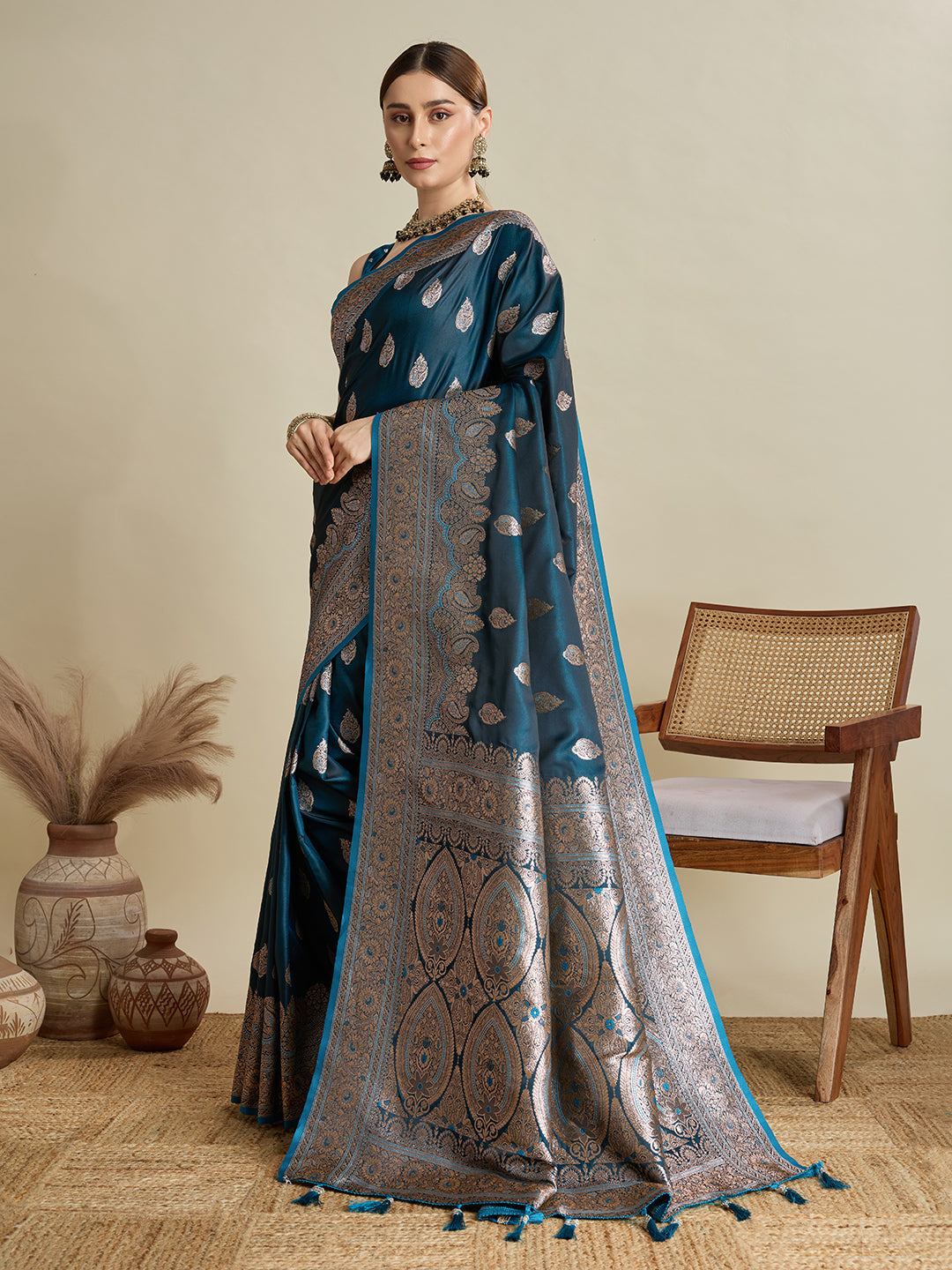 Dwija Fashion Teal Blue Wedding Wear Satin Jari Motifs All Over Pallu And Saree With Unstitched Blouse