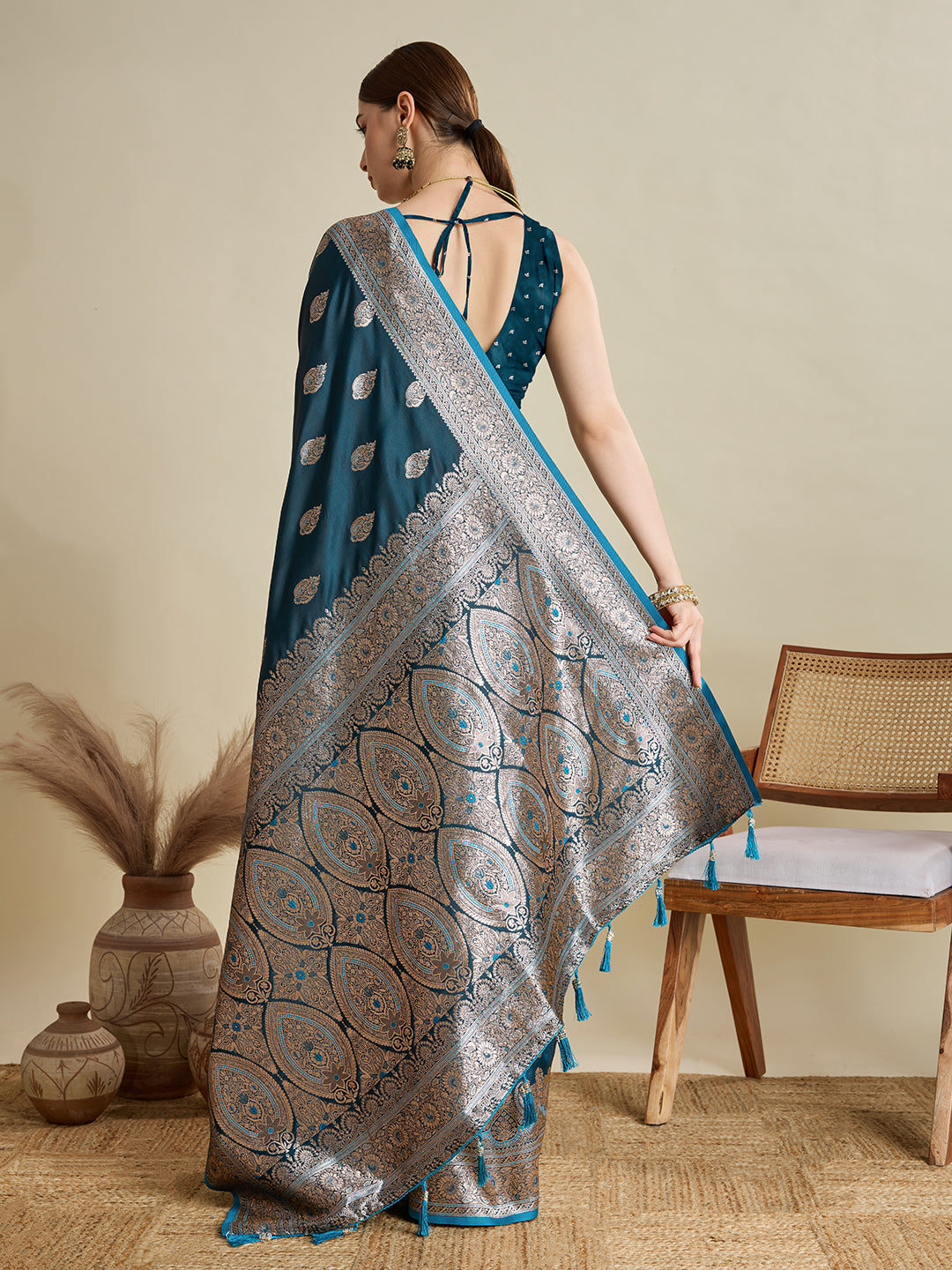 Dwija Fashion Teal Blue Wedding Wear Satin Jari Motifs All Over Pallu And Saree With Unstitched Blouse