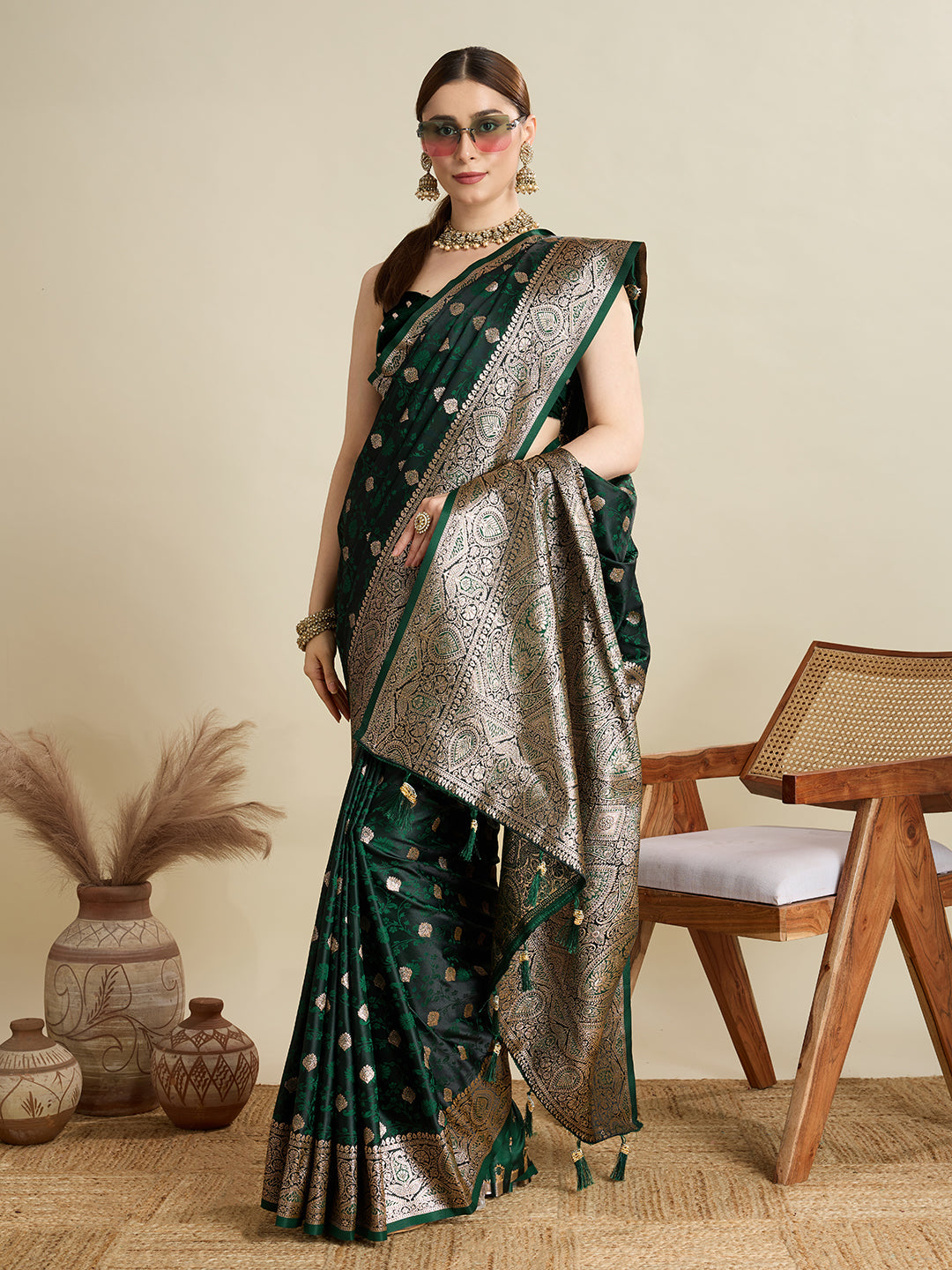 Dwija Fashion Deep Green Wedding Wear Satin Jari Motifs All Over Pallu And Saree With Unstitched Blouse