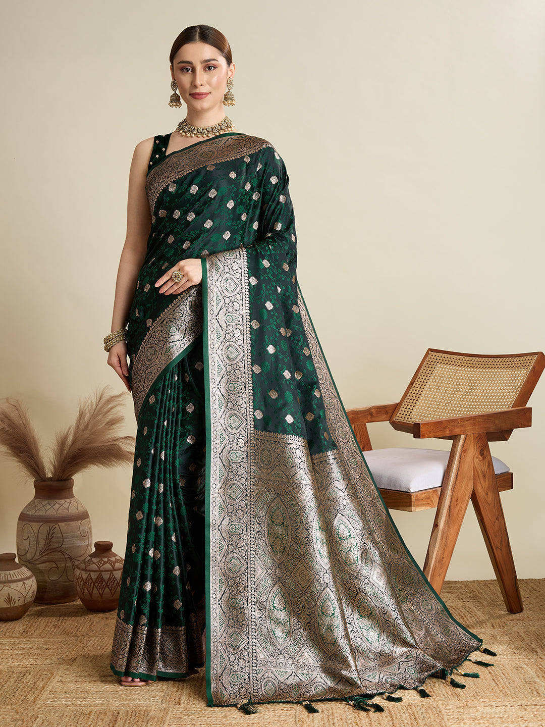 Dwija Fashion Deep Green Wedding Wear Satin Jari Motifs All Over Pallu And Saree With Unstitched Blouse