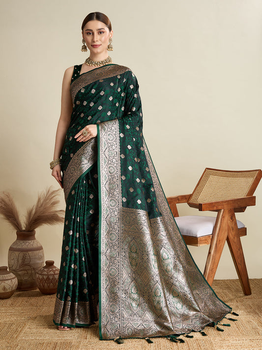 Dwija Fashion Deep Green Wedding Wear Satin Jari Motifs All Over Pallu And Saree With Unstitched Blouse