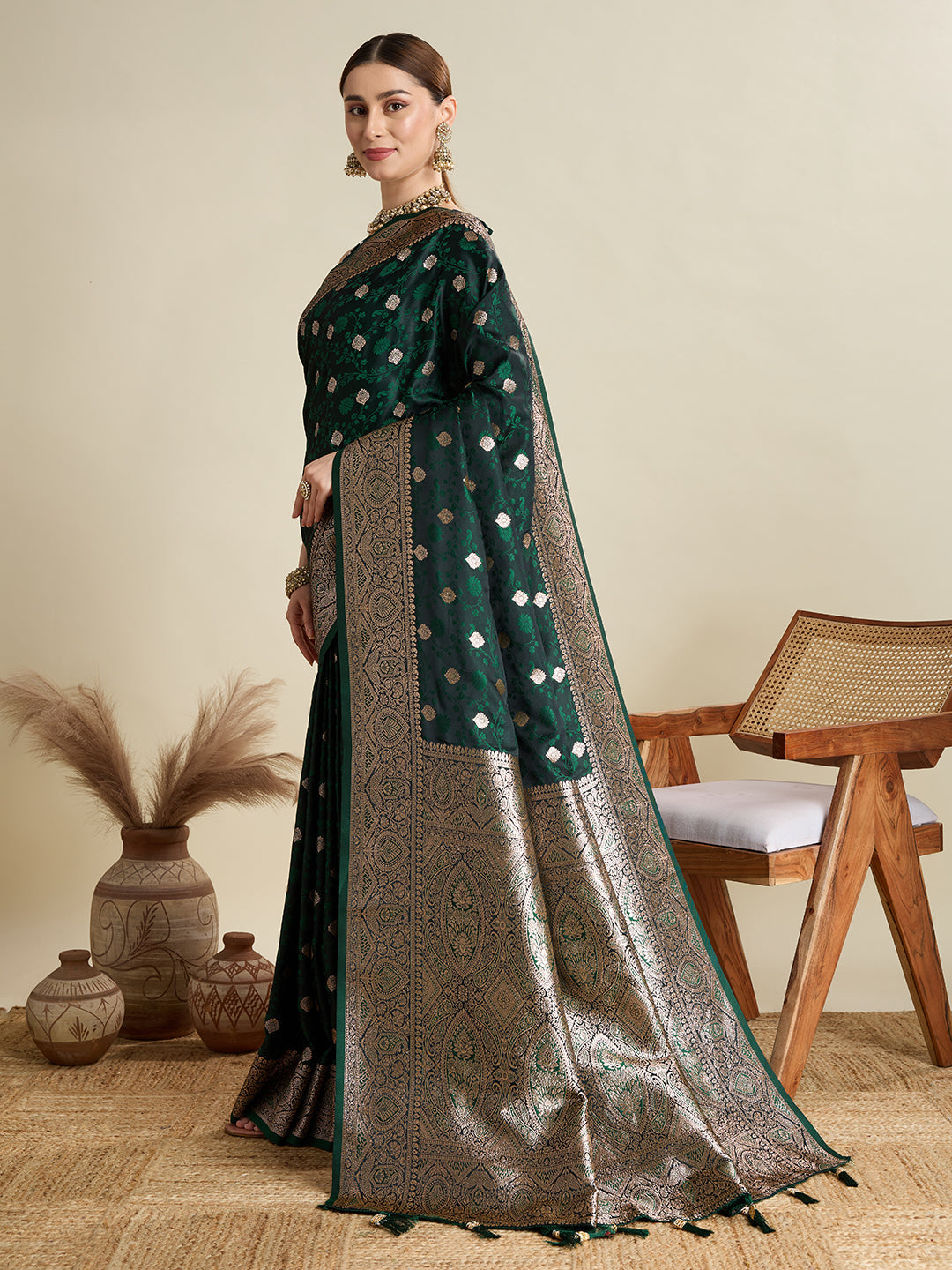 Dwija Fashion Deep Green Wedding Wear Satin Jari Motifs All Over Pallu And Saree With Unstitched Blouse
