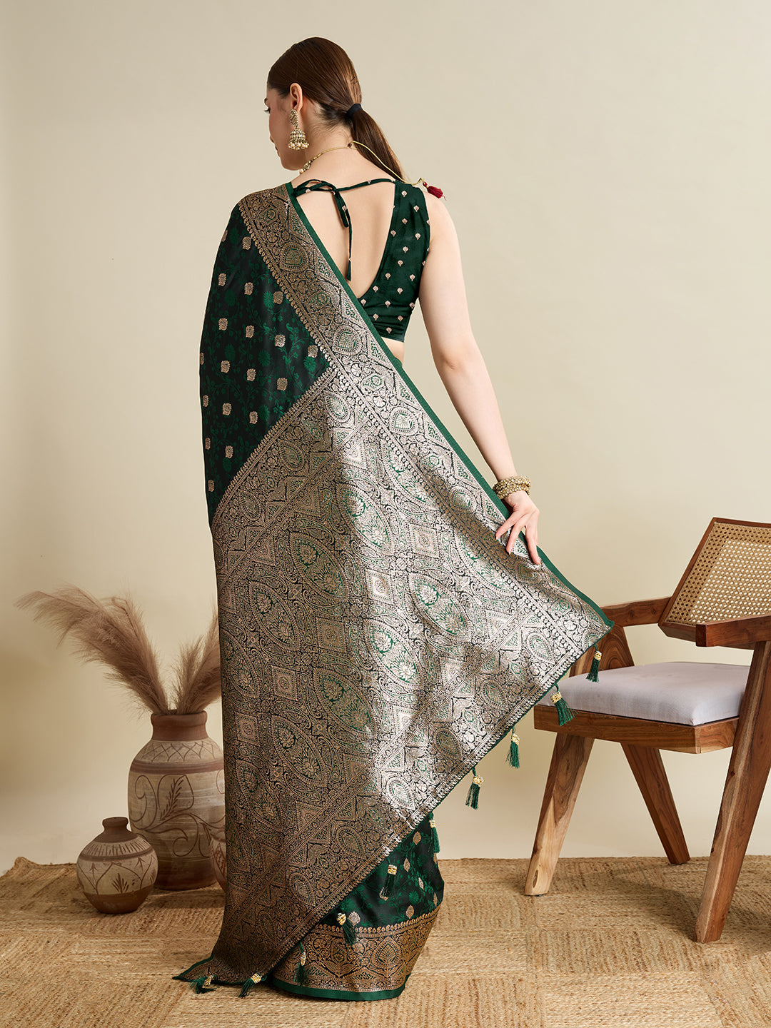 Dwija Fashion Deep Green Wedding Wear Satin Jari Motifs All Over Pallu And Saree With Unstitched Blouse