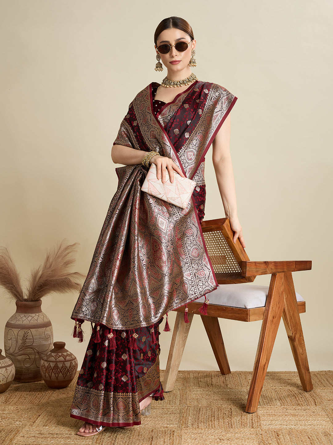 Dwija Fashion Deep Maroon Wedding Wear Satin Jari Motifs All Over Pallu And Saree With Unstitched Blouse