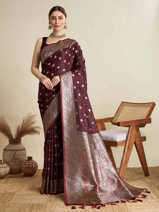 Dwija Fashion Deep Maroon Wedding Wear Satin Jari Motifs All Over Pallu And Saree With Unstitched Blouse