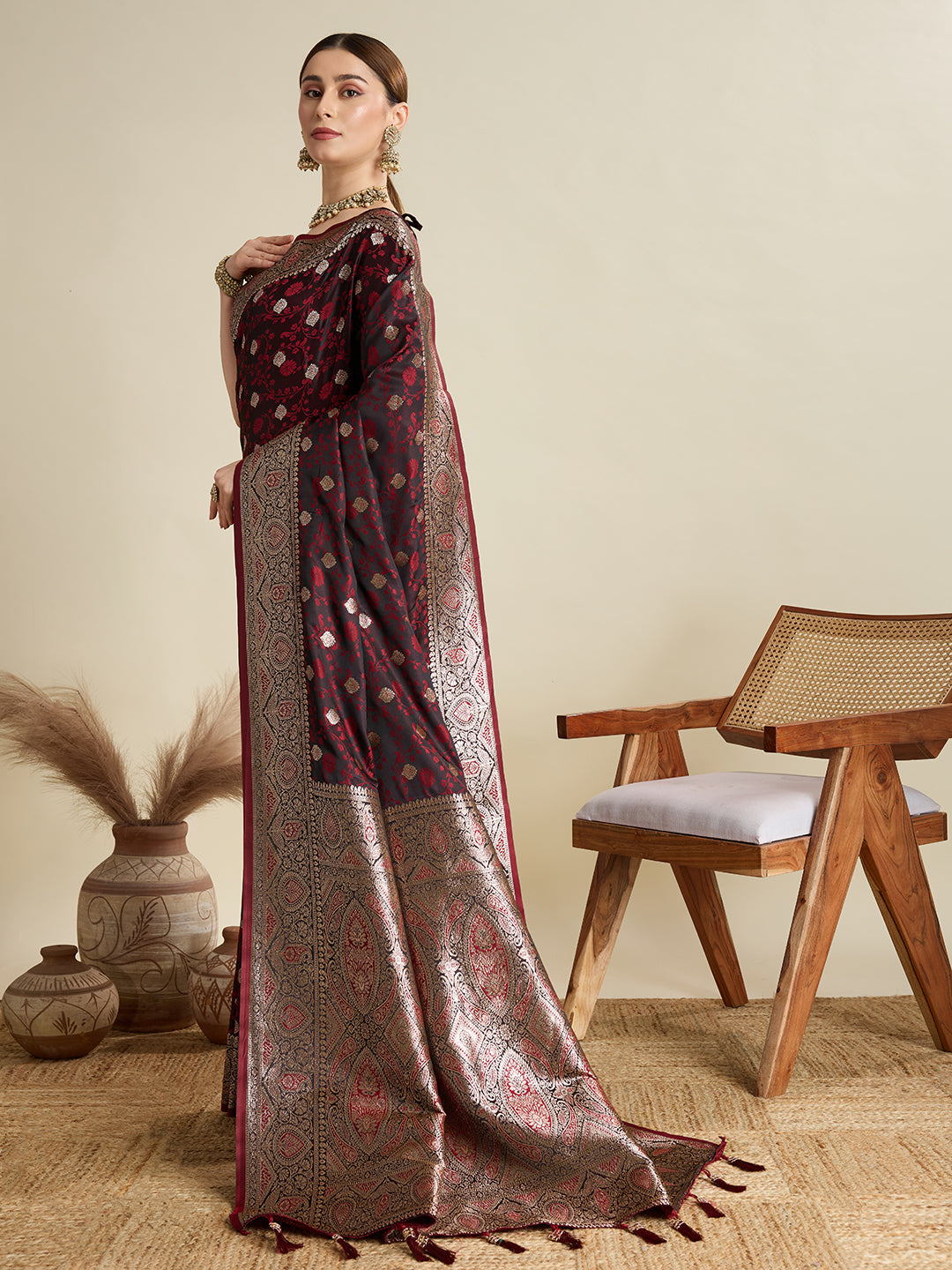 Dwija Fashion Deep Maroon Wedding Wear Satin Jari Motifs All Over Pallu And Saree With Unstitched Blouse