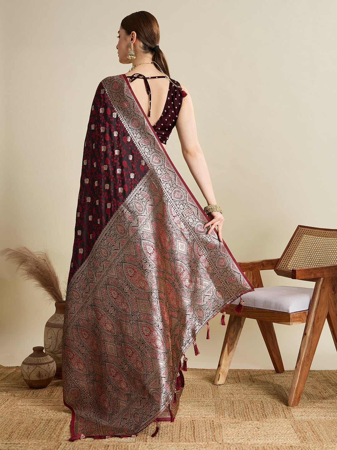 Dwija Fashion Deep Maroon Wedding Wear Satin Jari Motifs All Over Pallu And Saree With Unstitched Blouse