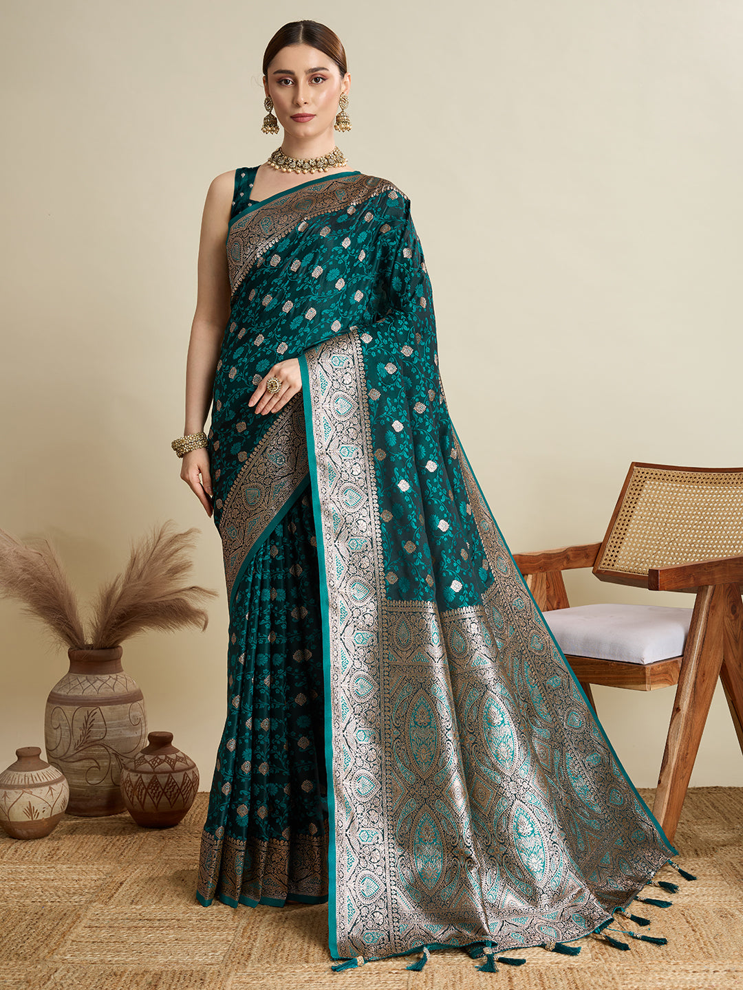 Dwija Fashion Green Wedding Wear Satin Jari Motifs All Over Pallu And Saree With Unstitched Blouse