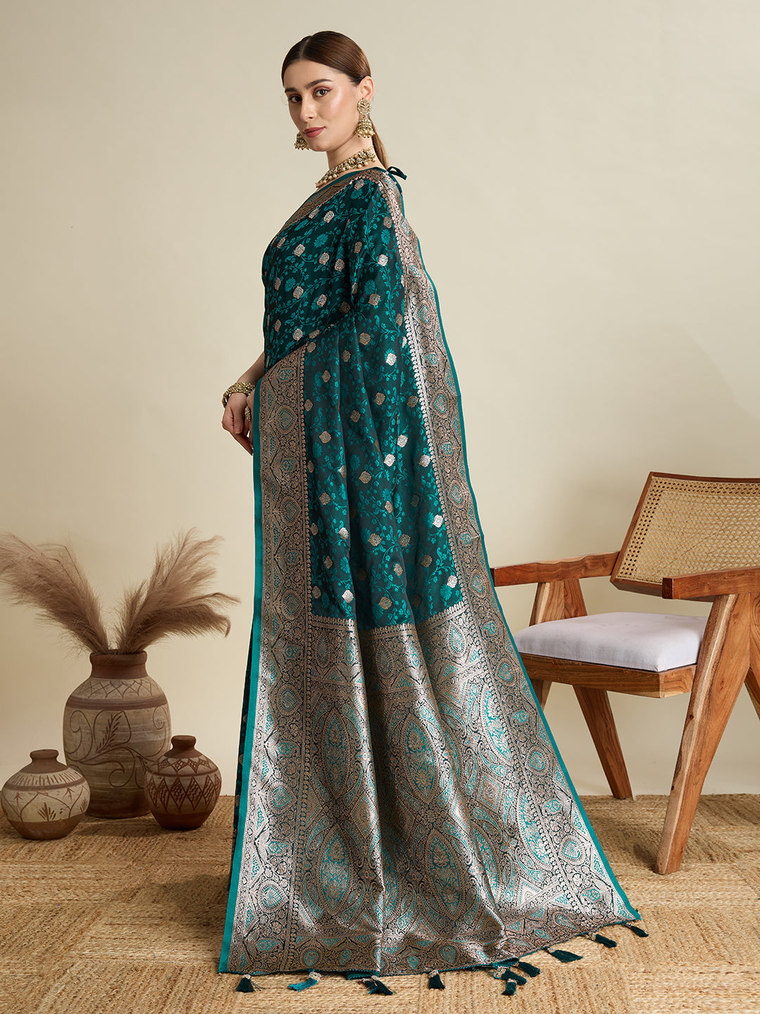 Dwija Fashion Green Wedding Wear Satin Jari Motifs All Over Pallu And Saree With Unstitched Blouse