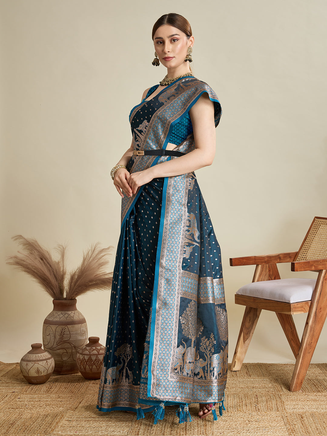 Dwija Fashion Teal Blue Wedding Wear Satin Jari Motifs All Over Pallu And Saree With Unstitched Blouse
