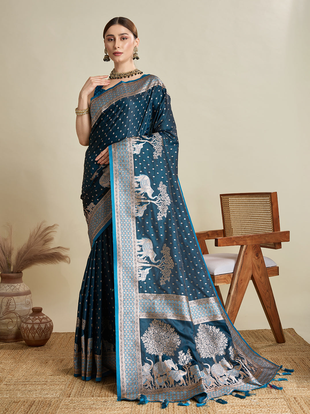 Dwija Fashion Teal Blue Wedding Wear Satin Jari Motifs All Over Pallu And Saree With Unstitched Blouse