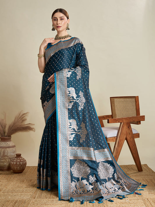 Dwija Fashion Teal Blue Wedding Wear Satin Jari Motifs All Over Pallu And Saree With Unstitched Blouse