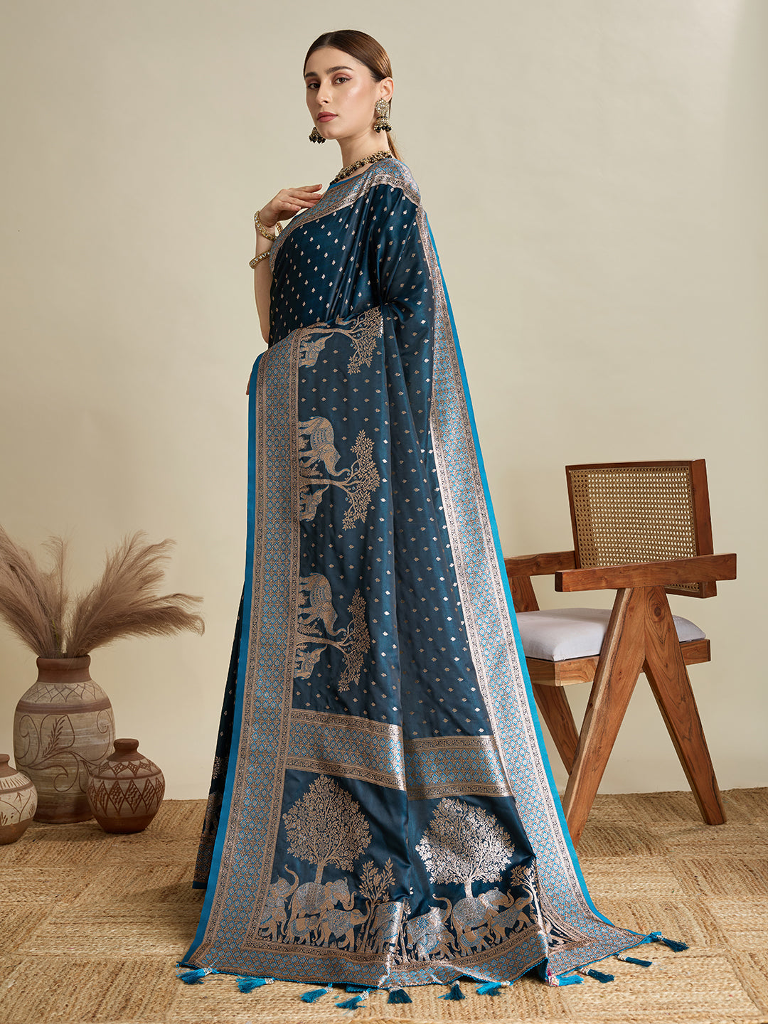 Dwija Fashion Teal Blue Wedding Wear Satin Jari Motifs All Over Pallu And Saree With Unstitched Blouse