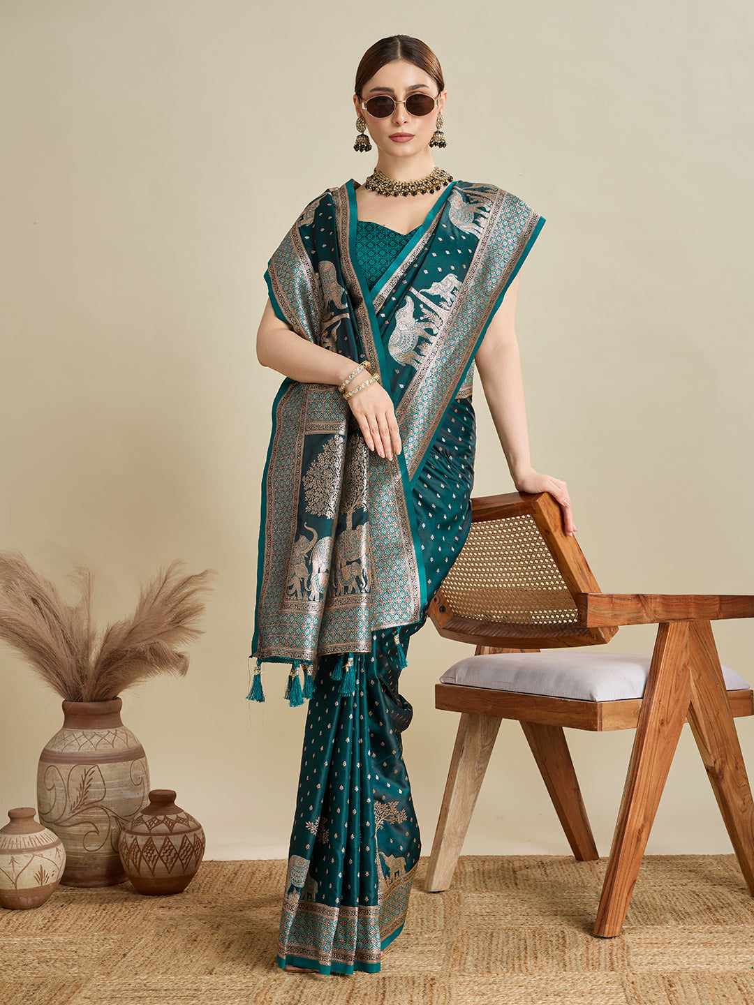 Dwija Fashion Teal Blue Wedding Wear Satin Jari Motifs All Over Pallu And Saree With Unstitched Blouse