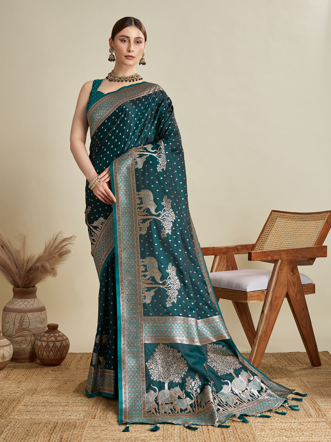 Dwija Fashion Teal Blue Wedding Wear Satin Jari Motifs All Over Pallu And Saree With Unstitched Blouse