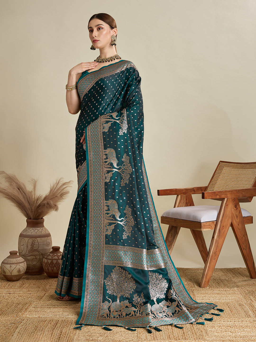 Dwija Fashion Teal Blue Wedding Wear Satin Jari Motifs All Over Pallu And Saree With Unstitched Blouse