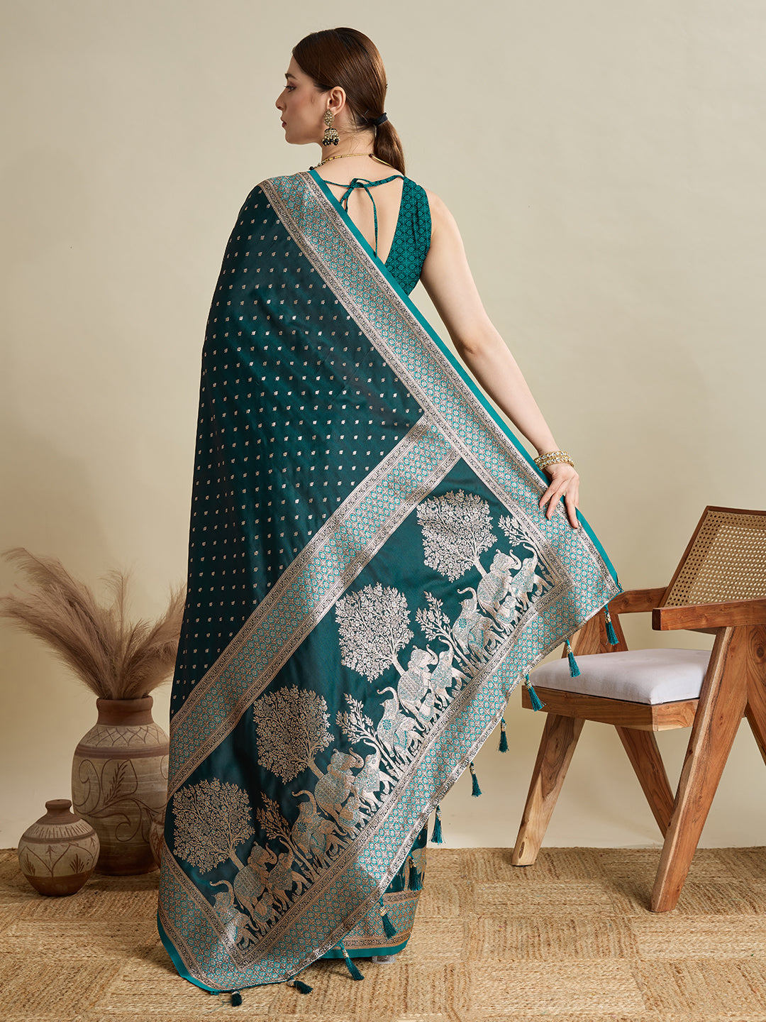 Dwija Fashion Teal Blue Wedding Wear Satin Jari Motifs All Over Pallu And Saree With Unstitched Blouse