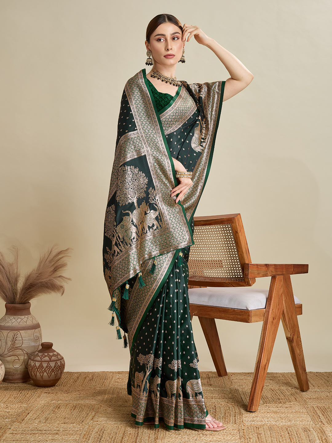 Dwija Fashion Green Wedding Wear Satin Jari Motifs All Over Pallu And Saree With Unstitched Blouse