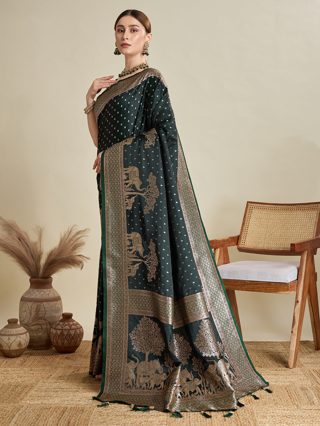 Dwija Fashion Green Wedding Wear Satin Jari Motifs All Over Pallu And Saree With Unstitched Blouse