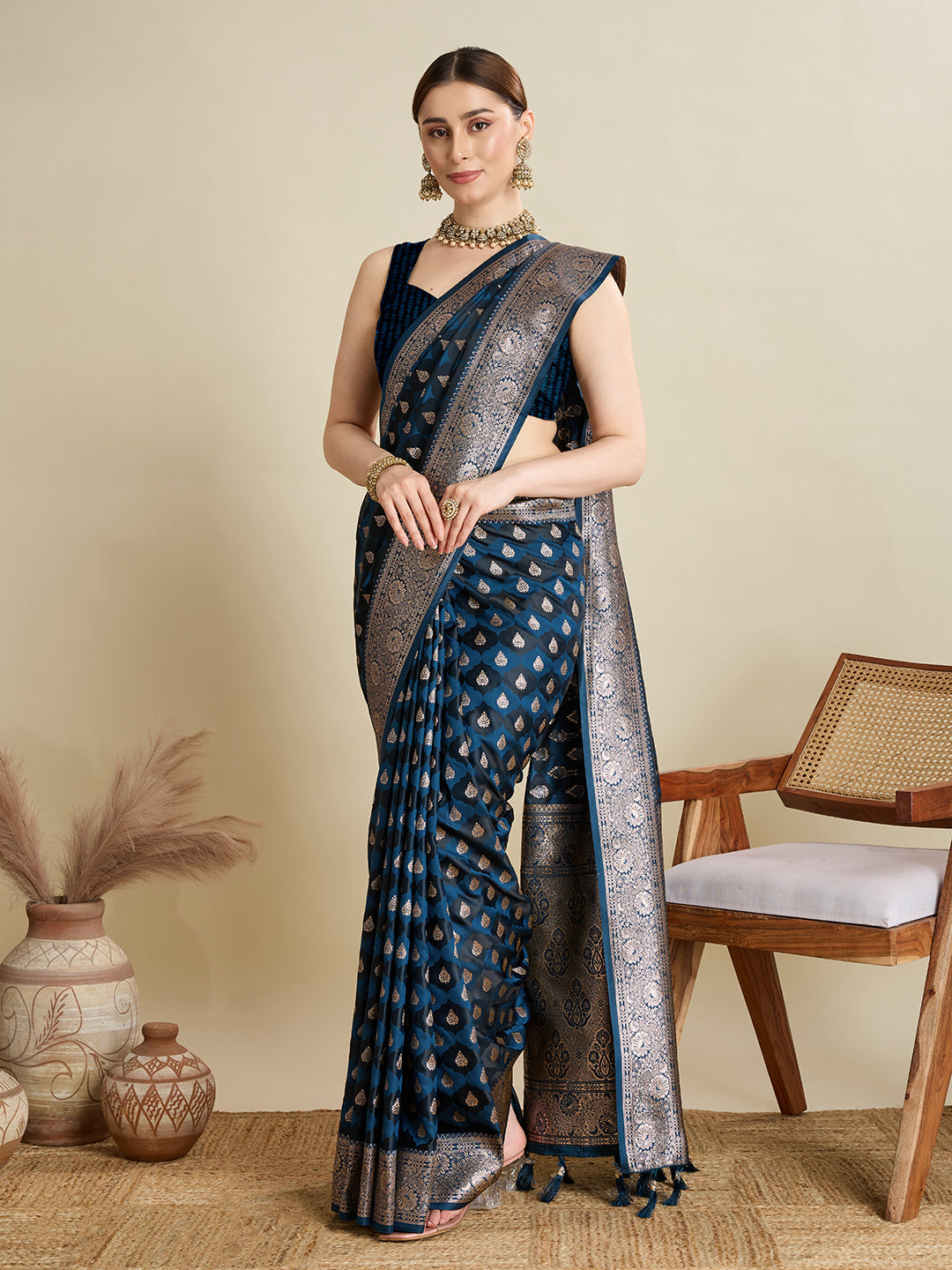 Dwija Fashion Teal Blue Wedding Wear Satin Jari Motifs All Over Pallu And Saree With Unstitched Blouse