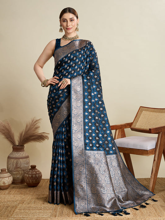 Dwija Fashion Teal Blue Wedding Wear Satin Jari Motifs All Over Pallu And Saree With Unstitched Blouse