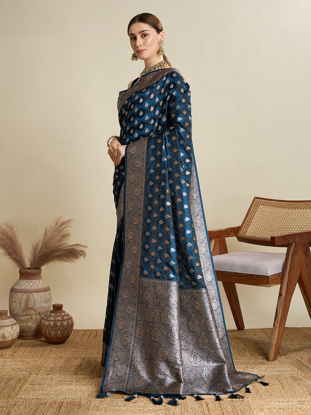 Dwija Fashion Teal Blue Wedding Wear Satin Jari Motifs All Over Pallu And Saree With Unstitched Blouse