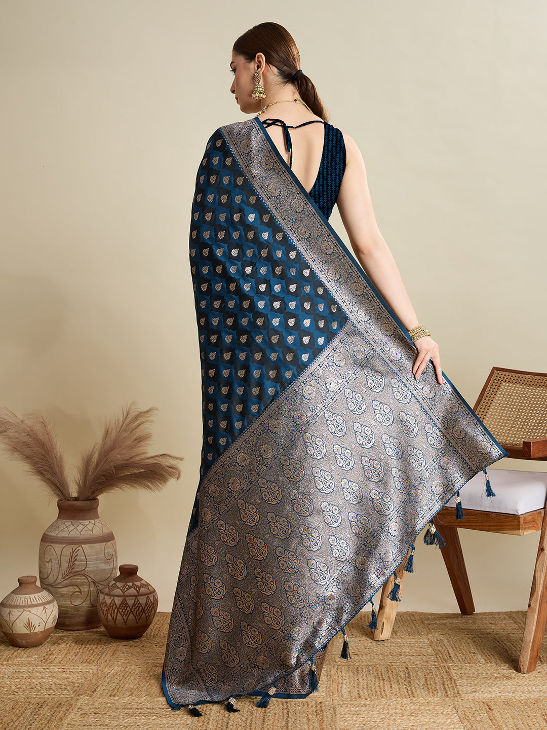 Dwija Fashion Teal Blue Wedding Wear Satin Jari Motifs All Over Pallu And Saree With Unstitched Blouse