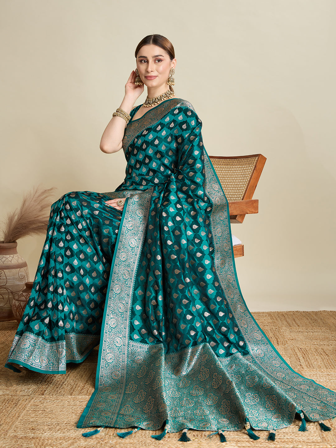 Dwija Fashion Green Wedding Wear Satin Jari Motifs All Over Pallu And Saree With Unstitched Blouse
