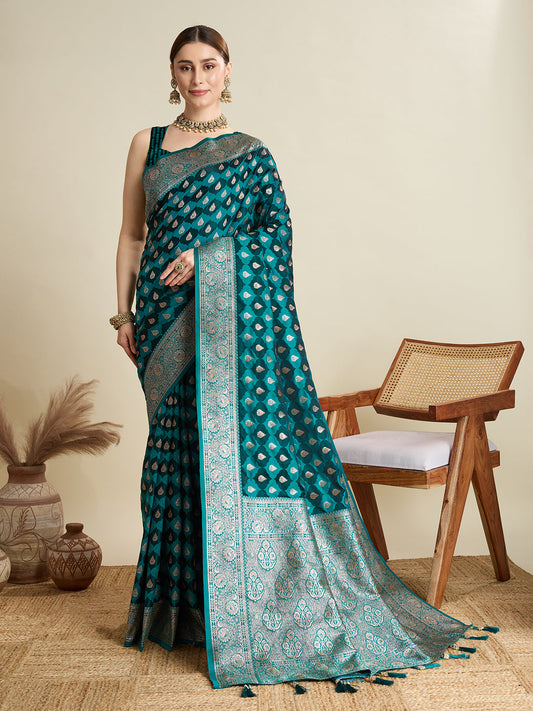 Dwija Fashion Green Wedding Wear Satin Jari Motifs All Over Pallu And Saree With Unstitched Blouse