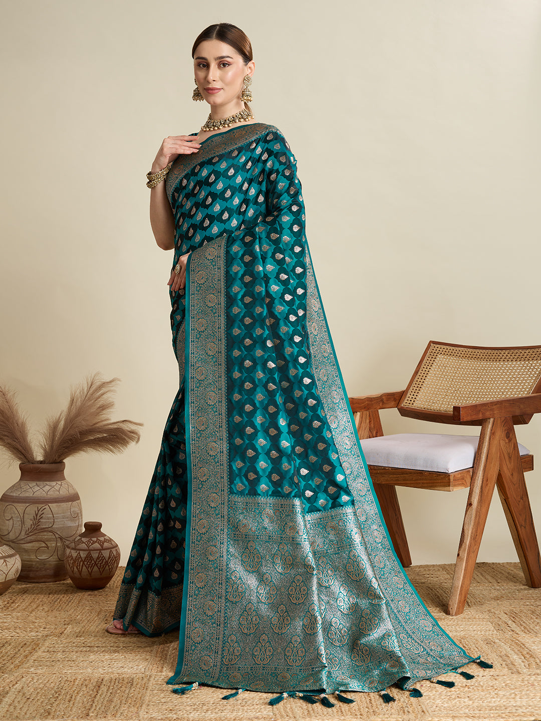 Dwija Fashion Green Wedding Wear Satin Jari Motifs All Over Pallu And Saree With Unstitched Blouse