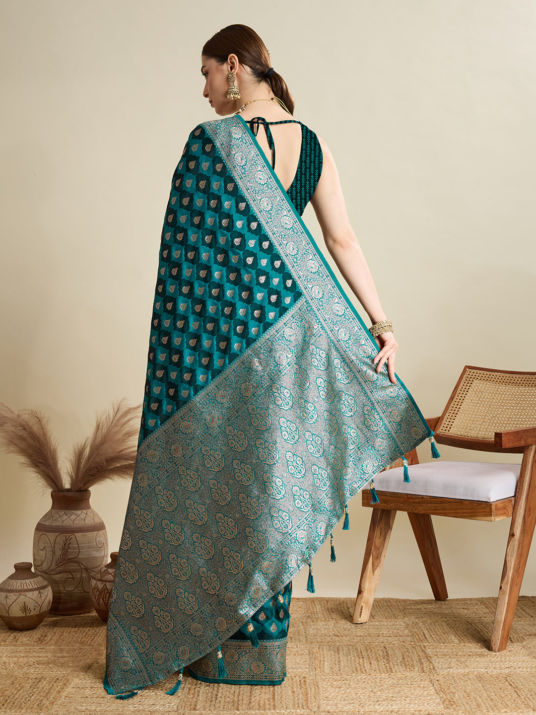 Dwija Fashion Green Wedding Wear Satin Jari Motifs All Over Pallu And Saree With Unstitched Blouse