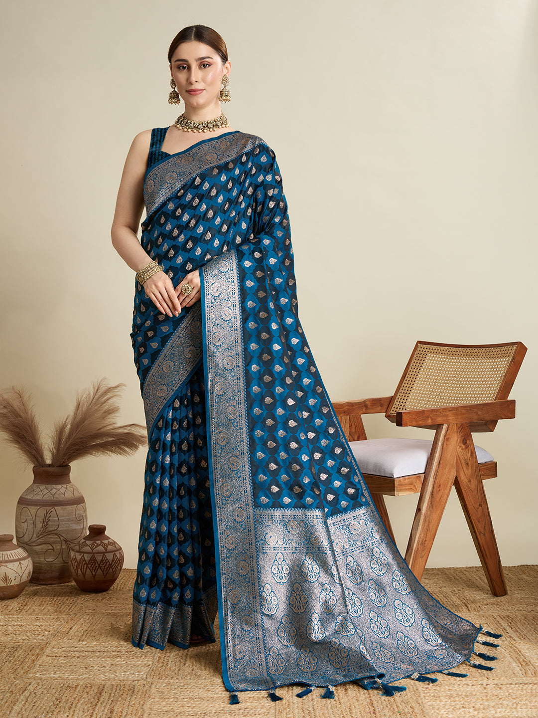 Dwija Fashion Peocock Blue Wedding Wear Satin Jari Motifs All Over Pallu And Saree With Unstitched Blouse