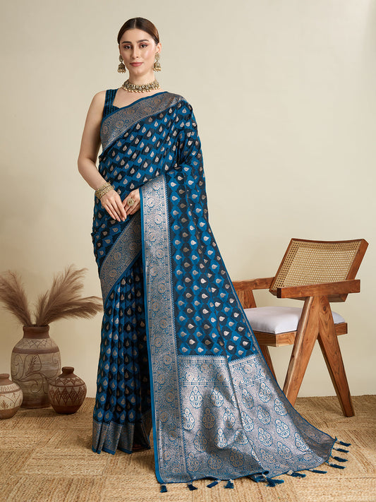 Dwija Fashion Peocock Blue Wedding Wear Satin Jari Motifs All Over Pallu And Saree With Unstitched Blouse